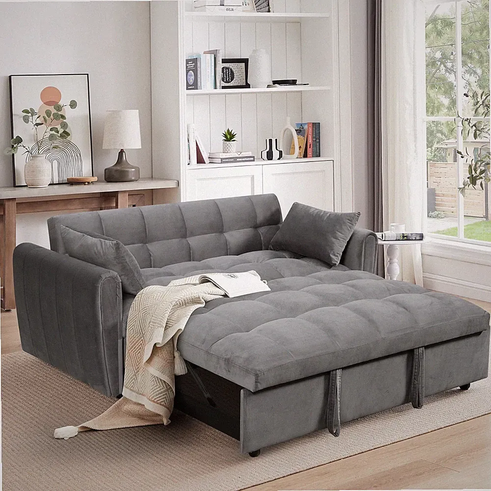 65" Convertible Sleeper Sofa Bed Adjustable Backrest Pull Out Couch with Pillows
