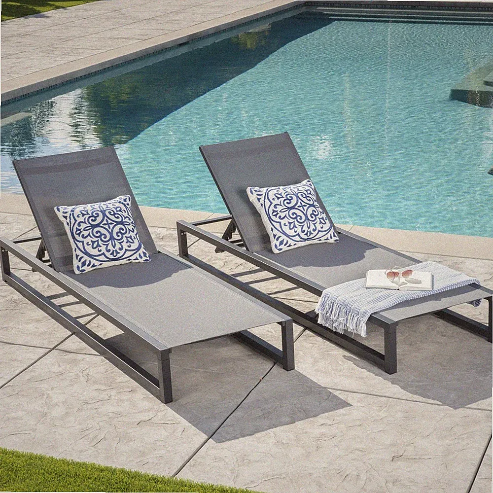 Adjustable Chaise Lounge Set of 2 w/ Mesh Seat, Black & Grey for Patio, Outdoor