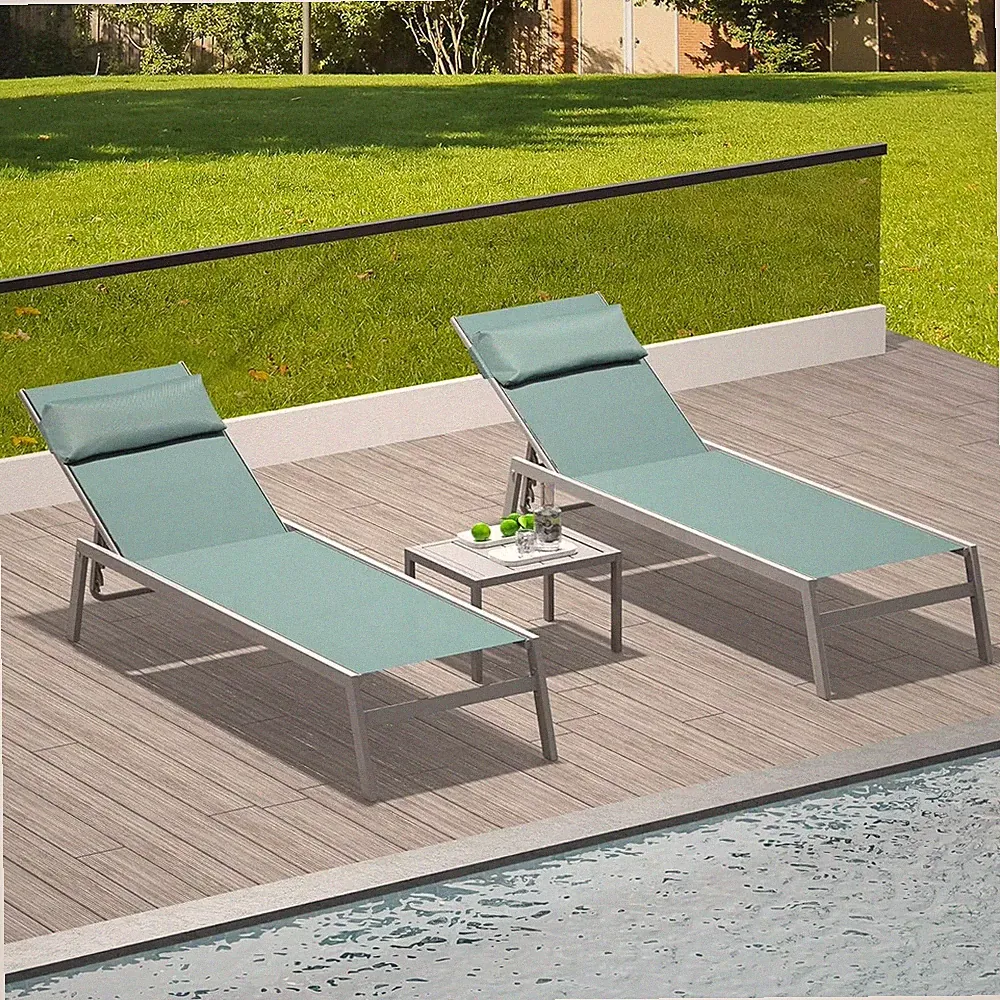 Domi Chaise Lounge Set of 3,Aluminum Adjustable Lounge Chair w/Table,Lake Blue
