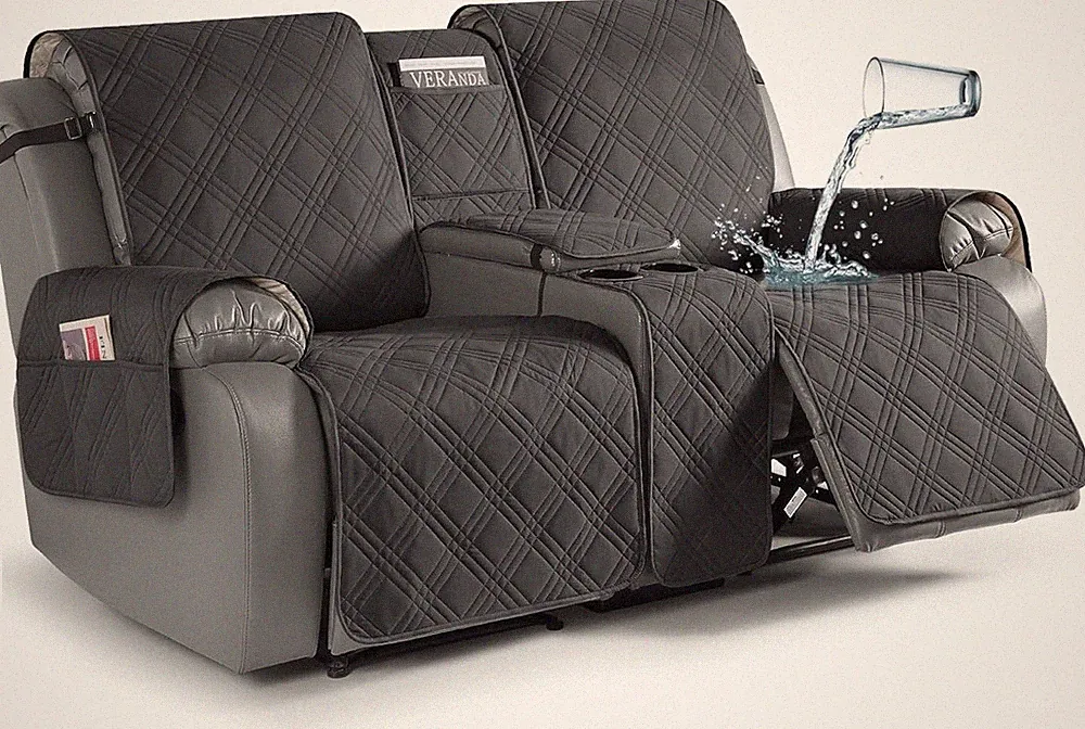 Loveseat Recliner Cover with Console Waterproof Non-Slip 2 Seater Charcoal Gray
