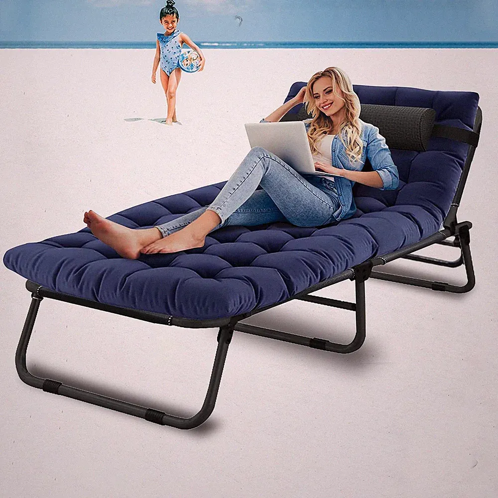 Portable Folding Camping Cot Beds Chaise with Pillow Adjustable 4-Position Chair